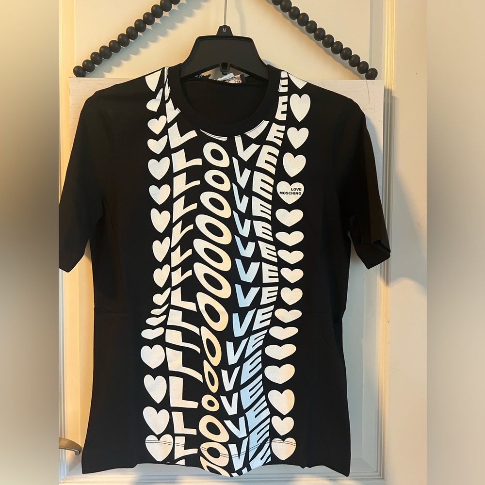 LOVE MOSCHINO Printed Hearts Tshirt 40 IT 4-6 NWT Black/White Short Sleeve Shirt - Picture 4 of 11